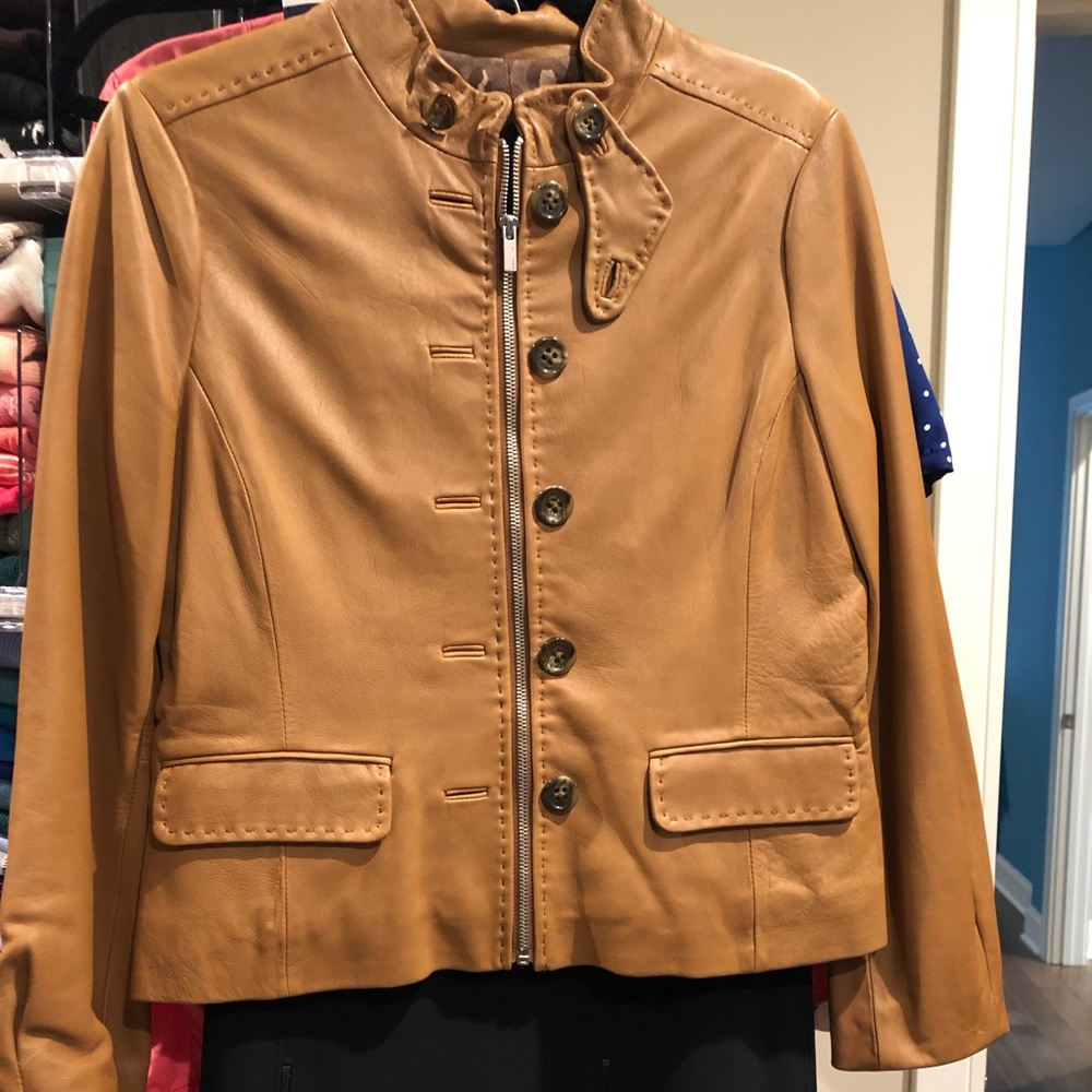 BCBGMaxAzria Carmel Leather Jacket with Animal Print Lining